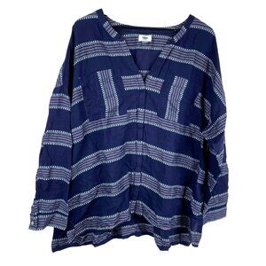 Old Navy Top Women's Blue Sz XXL Stripes Button Up Tunic Coastal Beachy Boho